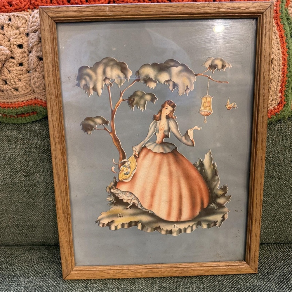 Vintage Framed Victorian Lady Print Blue Background Wood Frame